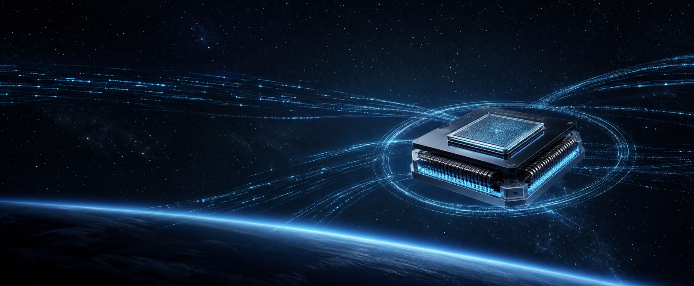Ava-MRAM space memory device preserving luminous data streams above a planet, representing long-term data retention.