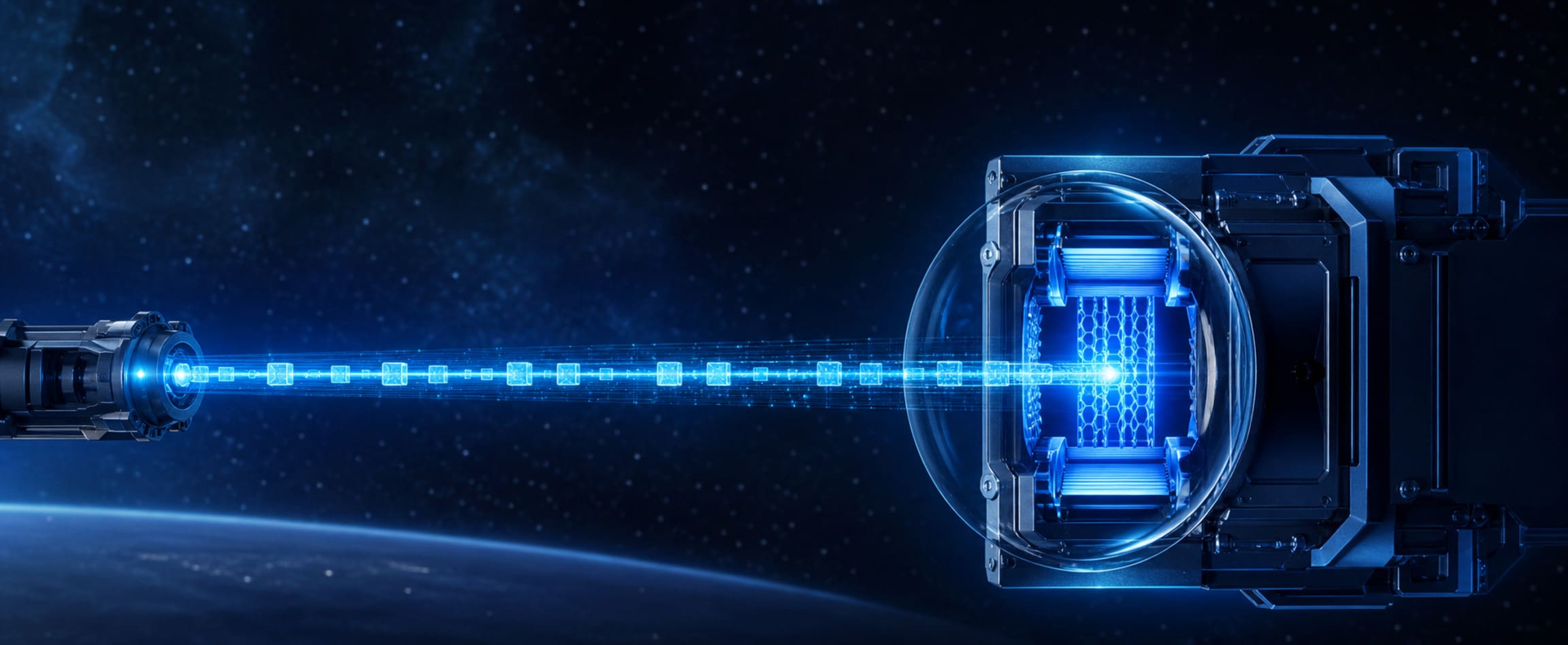 A precise stream of data packets entering a protected space-grade magnetic memory core, representing deterministic data commits.