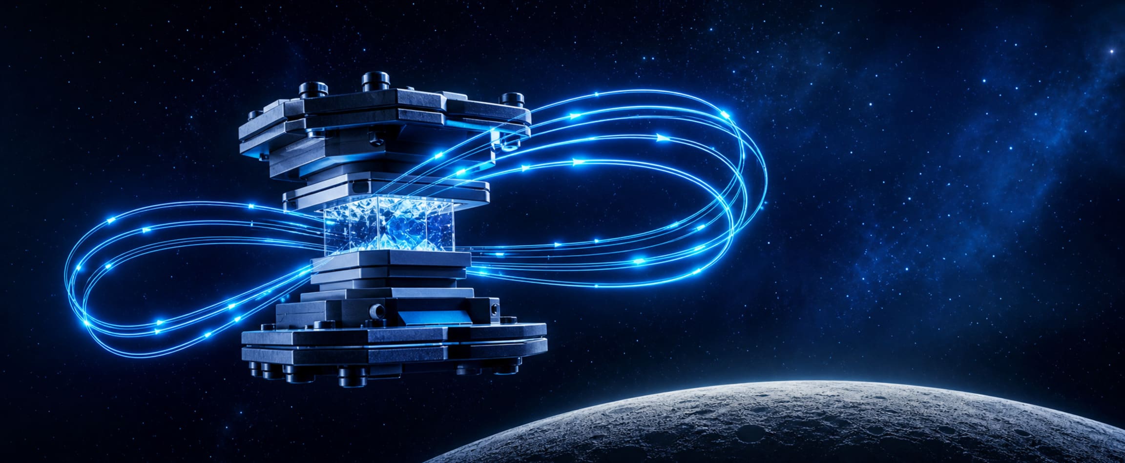 Space-grade magnetic memory core surrounded by continuous write-pulse loops above a moon, representing exceptional write endurance.