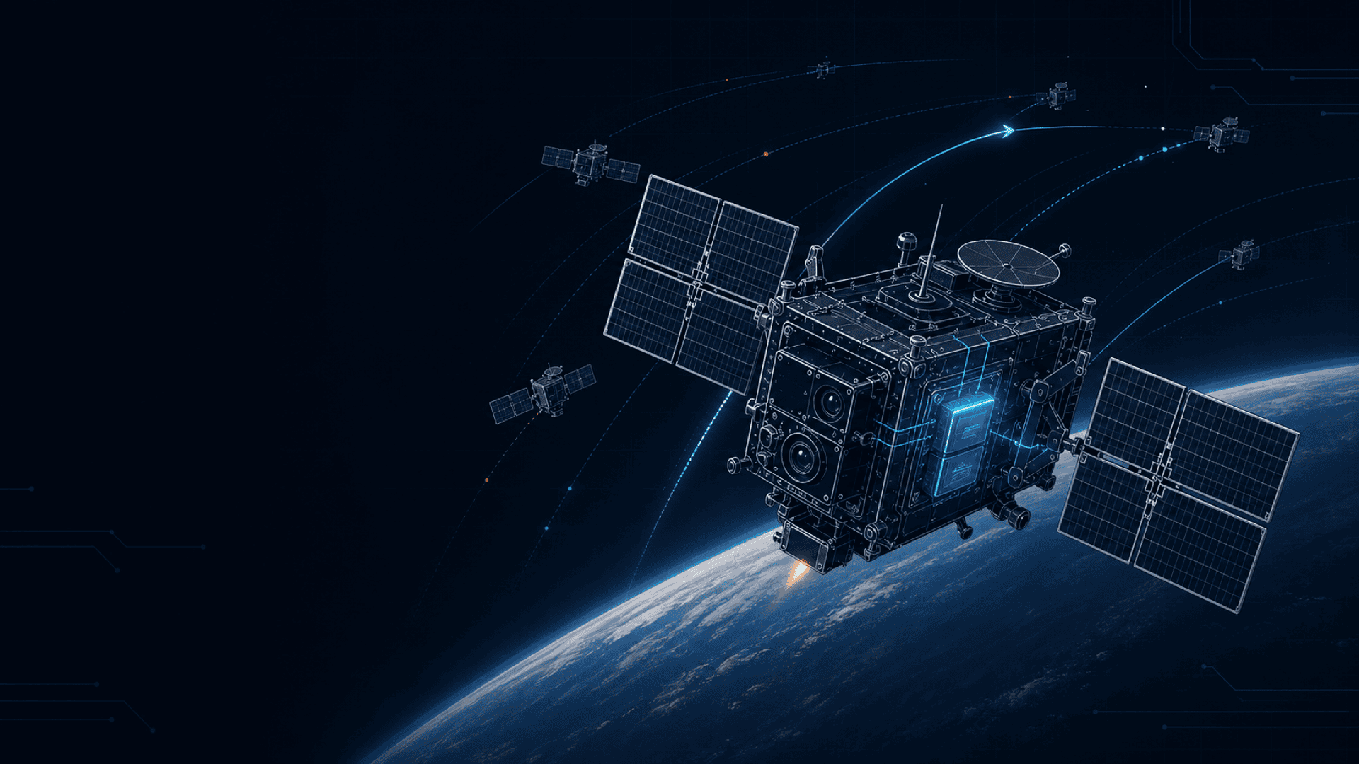 A constellation of small satellites advancing along coordinated orbital paths above Earth, illustrating commercial momentum, onboard computing, and resilient storage.